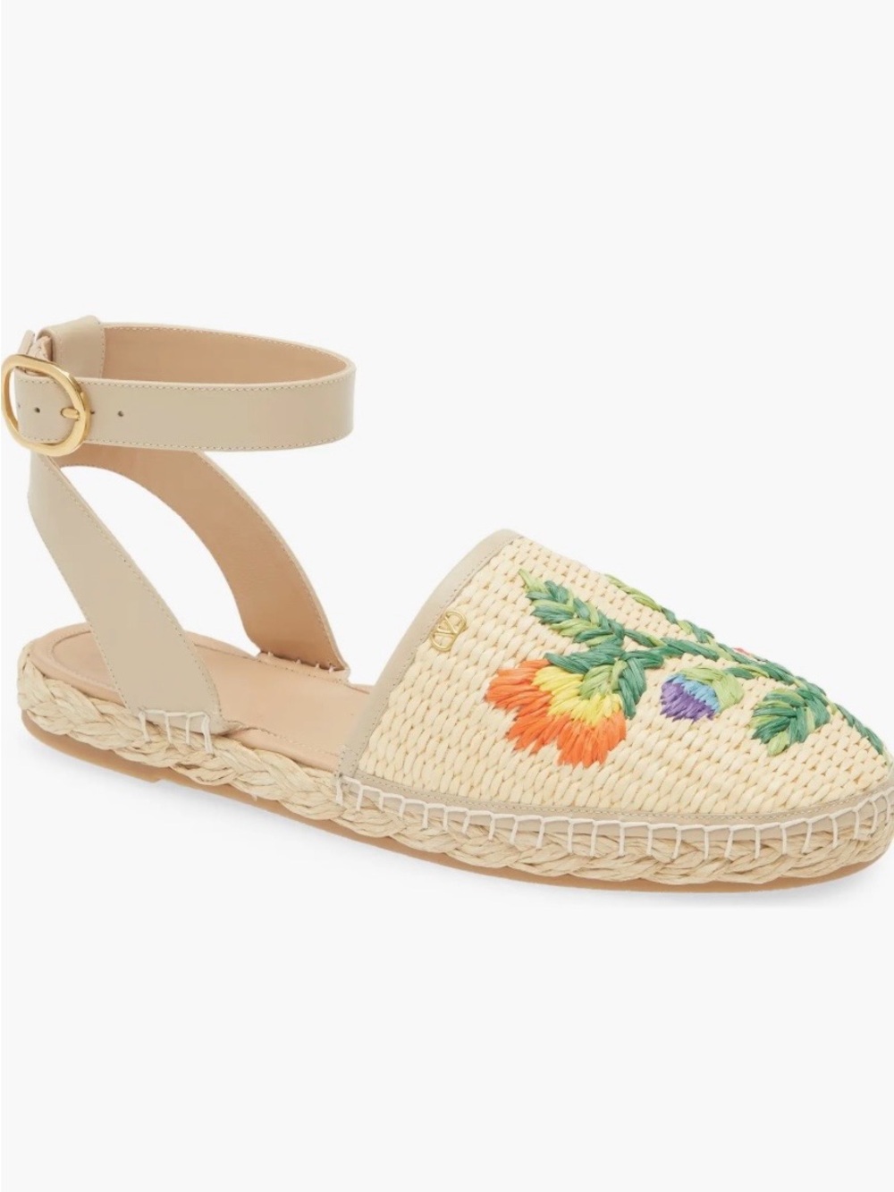 Valentino Garavani Beige Woven Espadrille with Multicolor Floral Embroidery